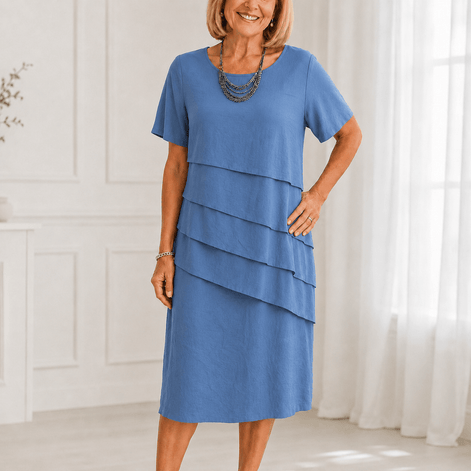 Florenza Tiered Short-Sleeve Women's Midi Dress with Round Neck