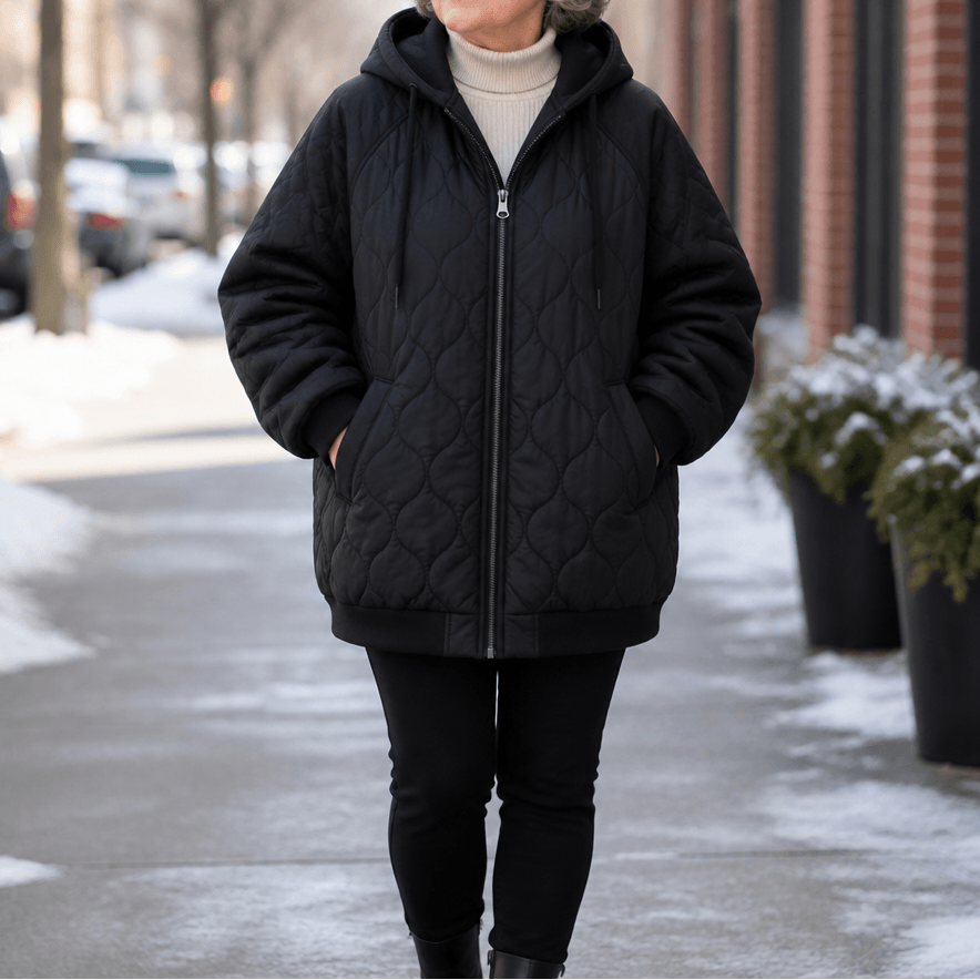 Women's Hooded Quilted Puffer Jacket with Spliced Panels