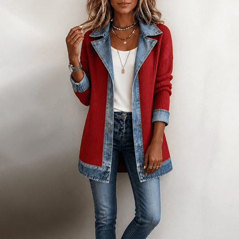Women's Ribbed Knit Cardigan Coat with Denim Panel Trim