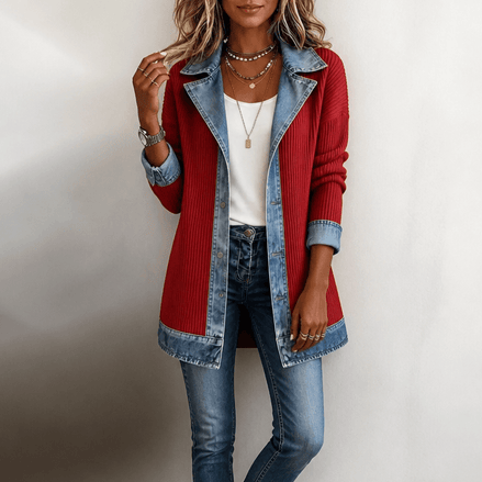 Women's Ribbed Knit Cardigan Coat with Denim Panel Trim