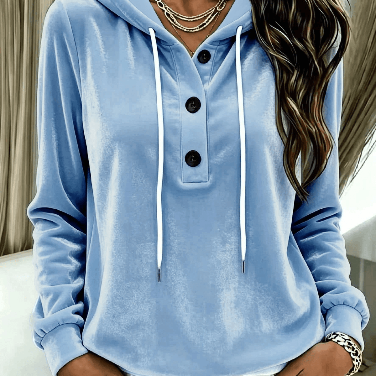 Women's Long-Sleeve Velvet Hoodie with Button Placket and Drawstring