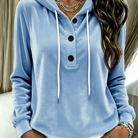Women's Long-Sleeve Velvet Hoodie with Button Placket and Drawstring