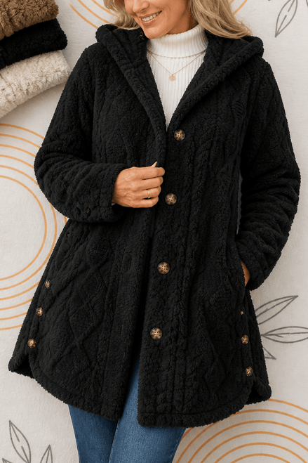 Women's Cable-Knit Hooded Longline Winter Coat with Button Hems