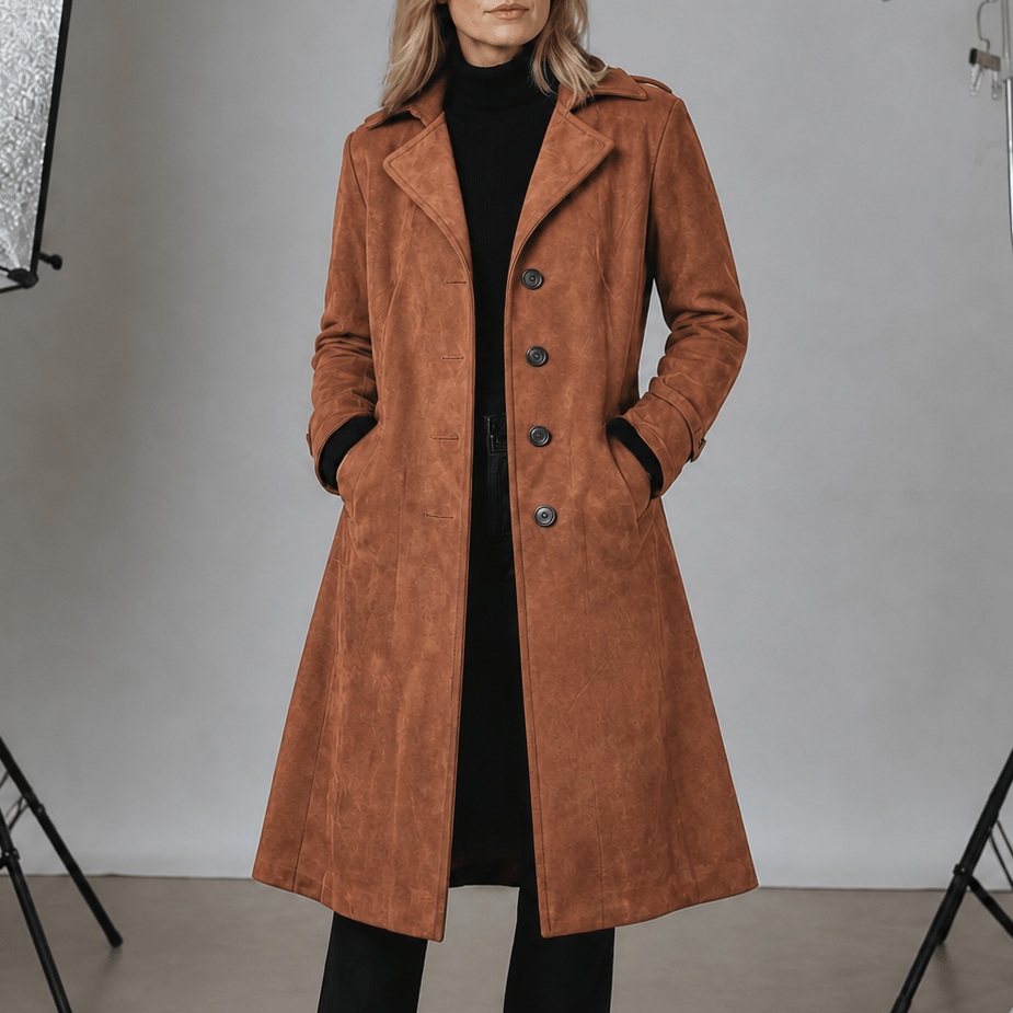 Women's Unstructured Suede-Look Long Coat with Button Front