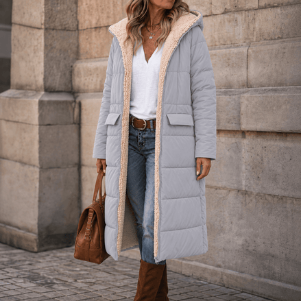 Reversa Women's Reversible Hooded Longline Winter Coat with Sherpa Lining