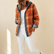 Weslyn Plaid Hooded Shacket with Denim Trim for Women