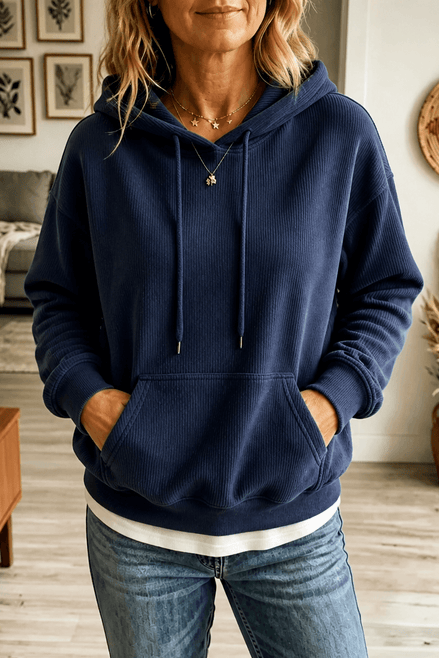 Women's Ribbed Corduroy-Look Hoodie with Front Pocket