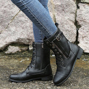 Hazel Faux Leather Combat Boots with Side Zip and Buckle Detail for Women