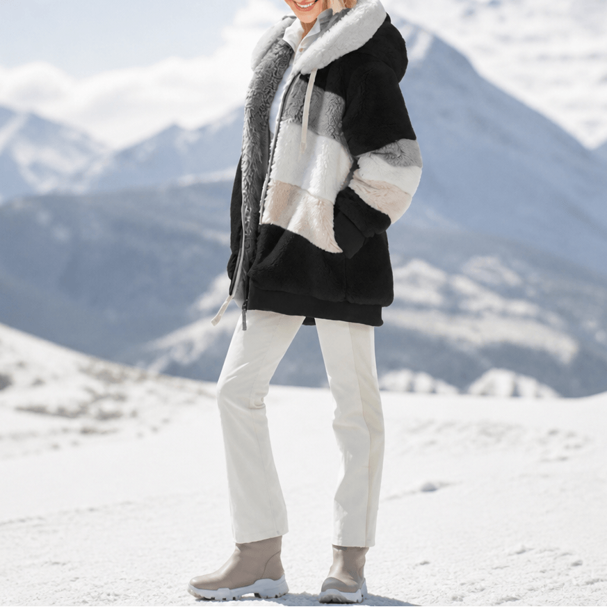 Women's Oversized Color-Block Faux Fur Winter Coat with Hood