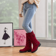 Women's Ribbed Cuff Lug Sole Slouch Boots with Buckle Detail