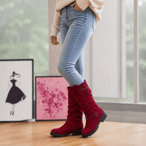 Women's Ribbed Cuff Lug Sole Slouch Boots with Buckle Detail