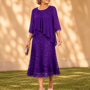 Elavine Lace Overlay Chiffon Women's Midi Dress with Sheer Sleeves