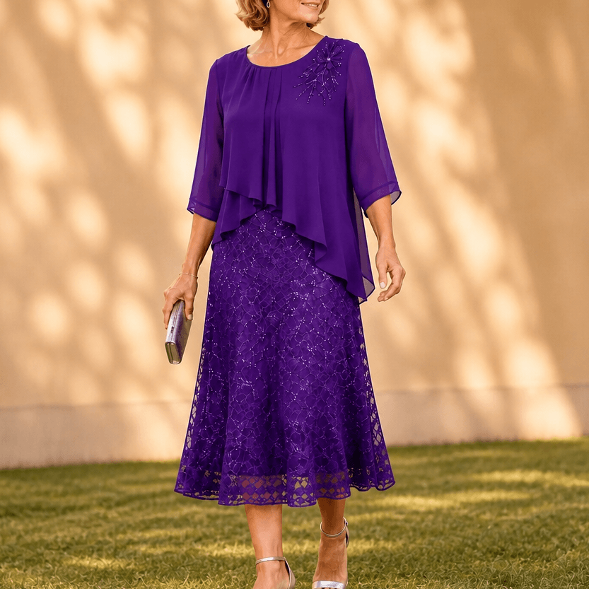 Elavine Lace Overlay Chiffon Women's Midi Dress with Sheer Sleeves