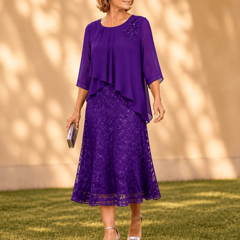 Elavine Lace Overlay Chiffon Women's Midi Dress with Sheer Sleeves