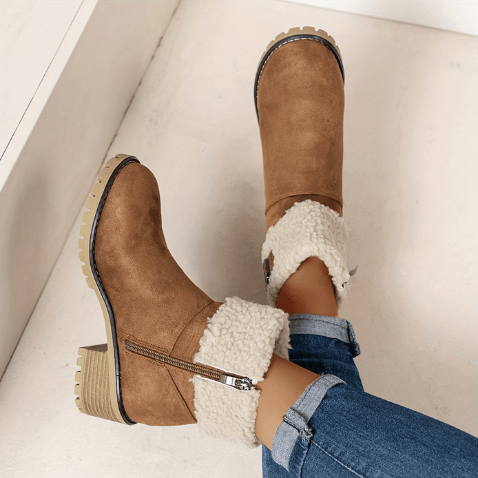 Women's Faux Suede Ankle Boots with Shearling Cuff and Block Heel