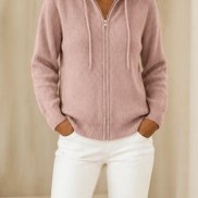 Women's Ribbed Zip-Up Hooded Knit Cardigan with Drawstring Hood