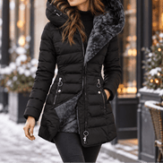 Women's Quilted Hooded Puffer Jacket with Zip Pockets and Insulated Lining