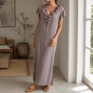 Ruffled V-Neck Linen-Cotton Women's Midi-to-Maxi Dress with Pockets