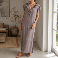 Ruffled V-Neck Linen-Cotton Women's Midi-to-Maxi Dress with Pockets