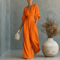 V-Neck Wide-Leg Jumpsuit with Pleated Waist Sash