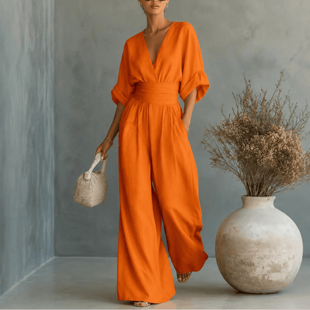 V-Neck Wide-Leg Jumpsuit with Pleated Waist Sash