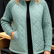 Women's Quilted Puffer Jacket with Knit Panel Trim at Waist and Cuffs