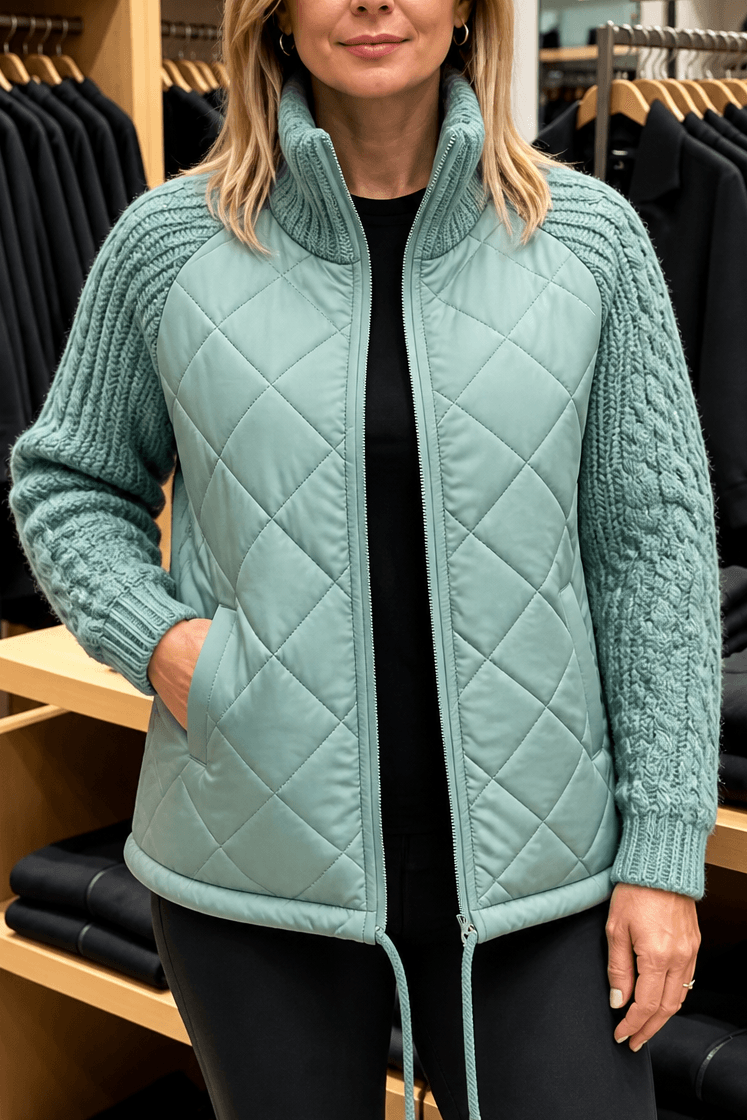 Women's Quilted Puffer Jacket with Knit Panel Trim at Waist and Cuffs