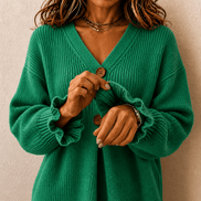 Women's Ribbed V-Neck Knitted Jumper with Button Detail