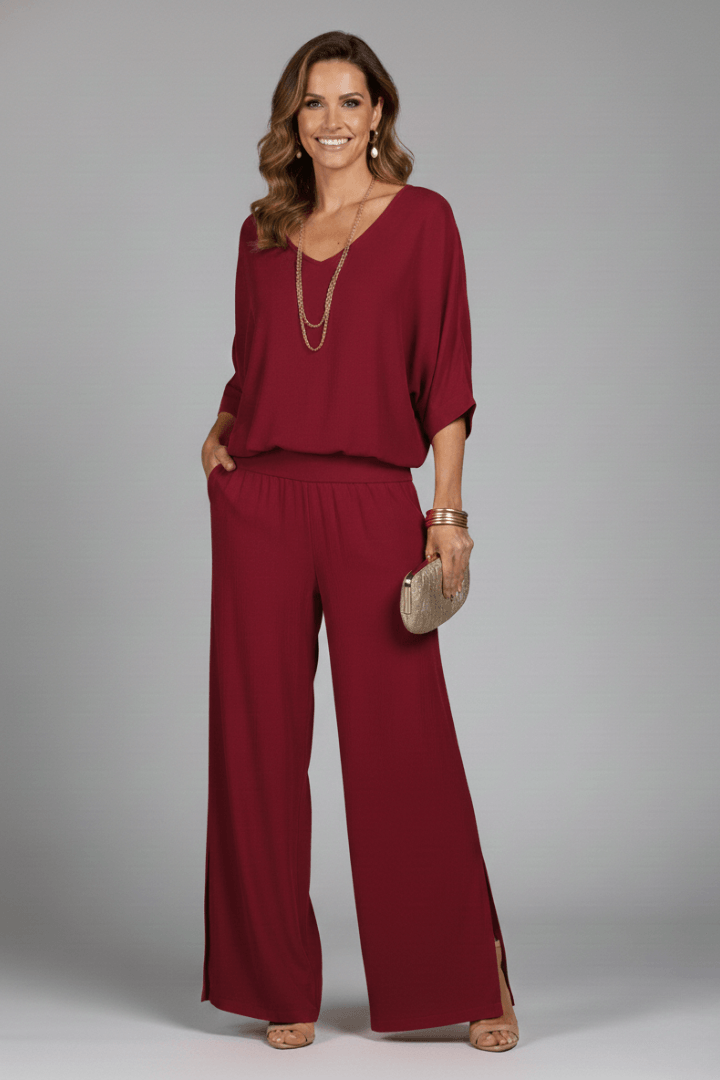 Natalie Chiffon Wide-Leg Women's Two-Piece Co-Ord Set with Draped Top