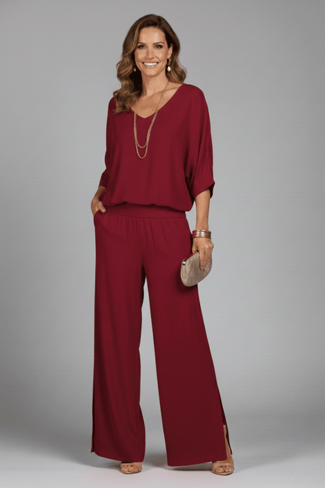 Natalie Chiffon Wide-Leg Women's Two-Piece Co-Ord Set with Draped Top
