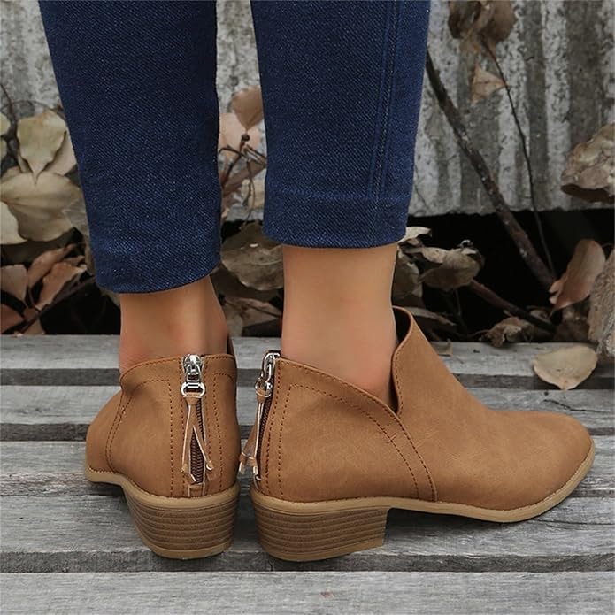 Ankle Low Heel Slip On Womens Boots with Back Zip Detail