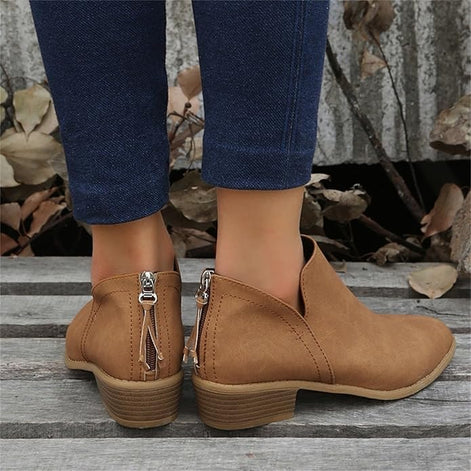 Ankle Low Heel Slip On Womens Boots with Back Zip Detail