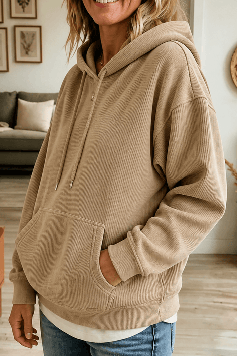 Women's Ribbed Corduroy-Look Hoodie with Front Pocket