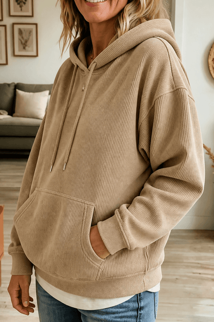 Women's Ribbed Corduroy-Look Hoodie with Front Pocket