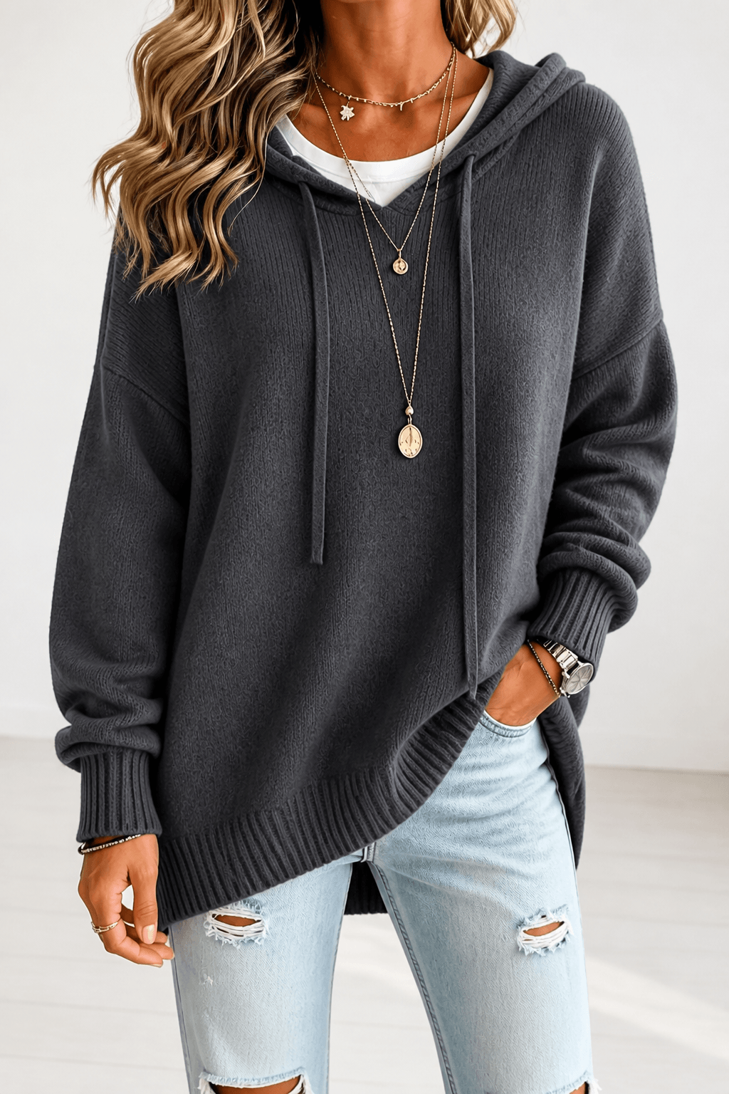 Women's Oversized Hooded Acrylic Knitted Jumper with Drawstring