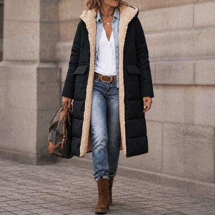 Reversa Women's Reversible Hooded Longline Winter Coat with Sherpa Lining