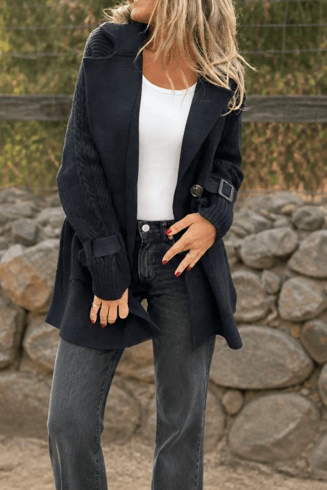 Isola Women's Cable-Knit Sleeve Double-Breasted Longline Winter Coat