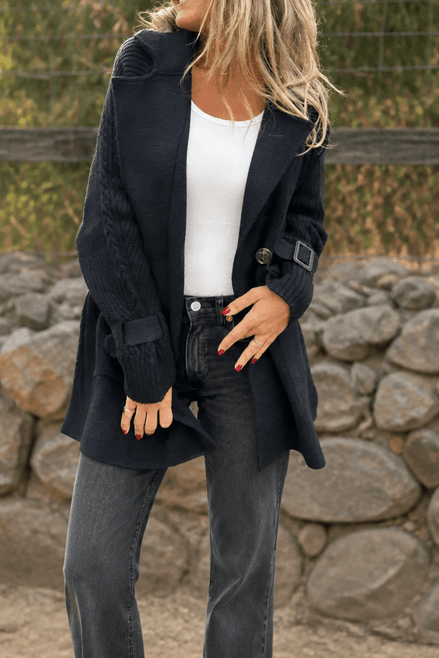 Isola Women's Cable-Knit Sleeve Double-Breasted Longline Winter Coat