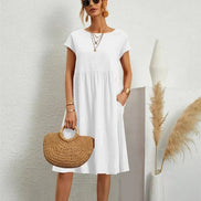 Casual Cotton Midi Shift Christmas Party Dress with Pockets for Autumn Wear