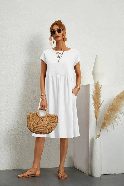 Casual Cotton Midi Shift Christmas Party Dress with Pockets for Autumn Wear