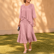 Elavine Lace Overlay Chiffon Women's Midi Dress with Sheer Sleeves