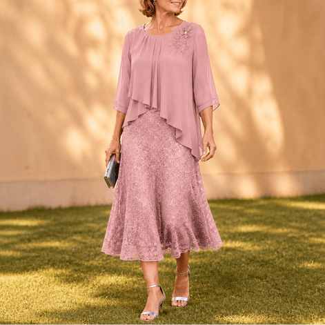 Elavine Lace Overlay Chiffon Women's Midi Dress with Sheer Sleeves