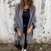 Women's Fringed Draped Shawl Collar Open-Front Wool Wrap Coat for Winter