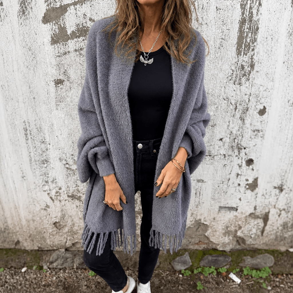 Women's Fringed Draped Shawl Collar Open-Front Wool Wrap Coat for Winter