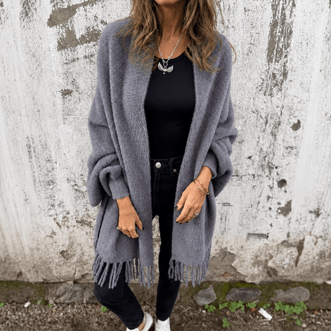 Women's Fringed Draped Shawl Collar Open-Front Wool Wrap Coat for Winter