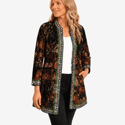 Patrice Art-Print Open-Front Jacket with Embellished Trim
