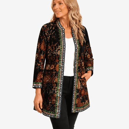 Patrice Art-Print Open-Front Jacket with Embellished Trim