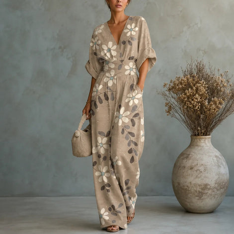Floral Print Wide-Leg Jumpsuit with Tie Waist and Pockets