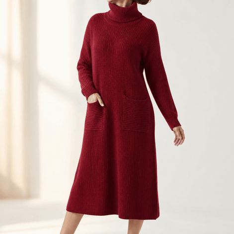 Women's Relaxed Turtleneck Knitted Jumper Dress with Pockets