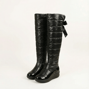 Velura Women's Black Fleece-Lined Quilted Puffer Over-the-Knee Boots with Bow Detail